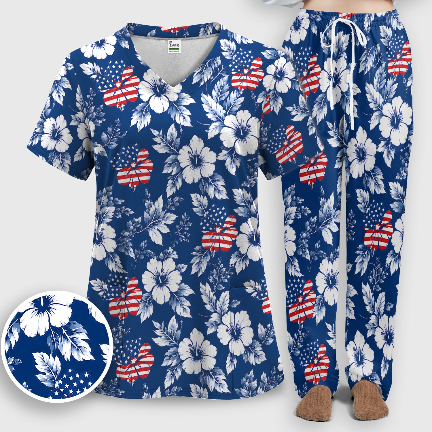 Patriotic Butterfly Floral Nurse for RN & CNA, American Flag Healthcare Workers Uniform Scrub Set, Scrub Pants and V Neck Top