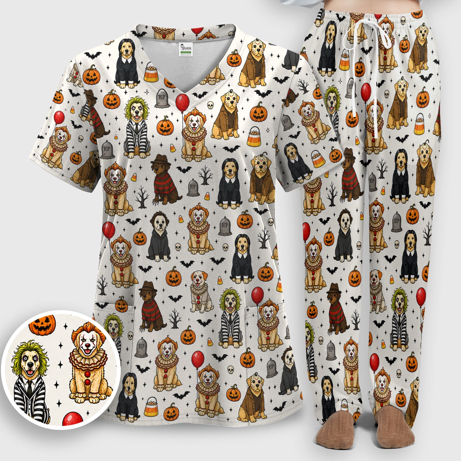 Funny Halloween Dog Pattern Scrub Set, Scrub Pants and V Neck Top