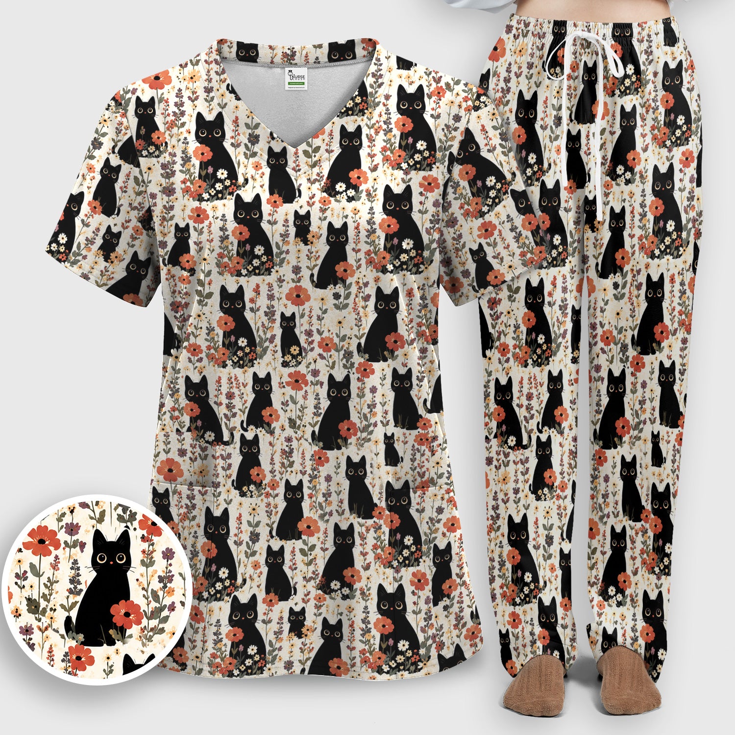 Cute Black Cat Wildflower Pattern Scrub Set, Scrub Pants and V Neck Top