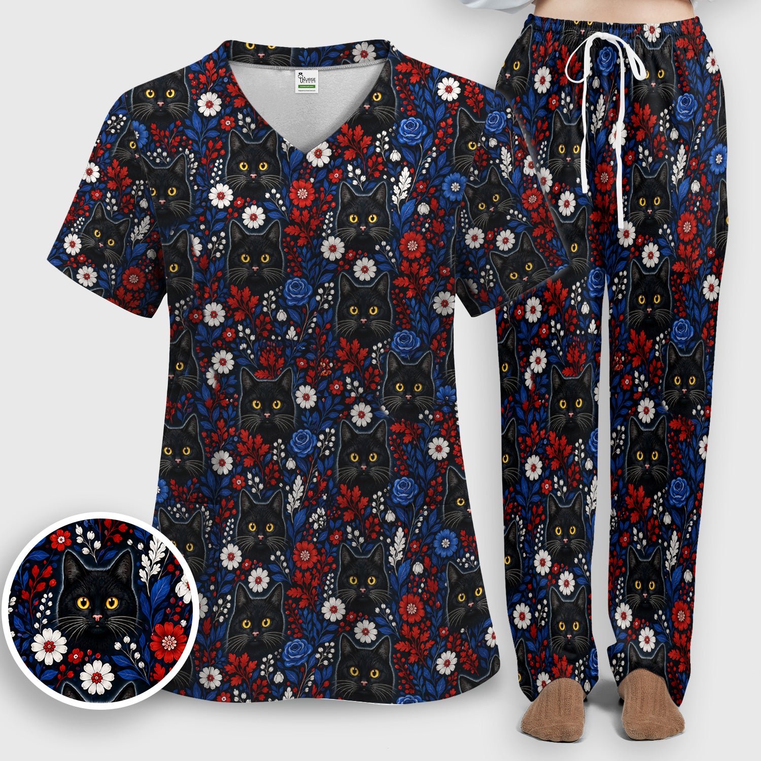 Black Cat Floral Nurse Pattern Scrub Set, Scrub Pants and V Neck Top