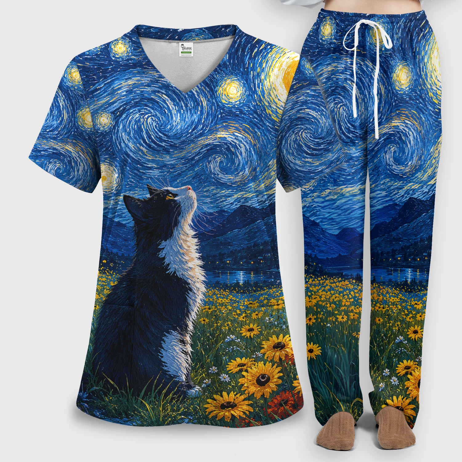 Starry Cat Night Veterinary Nurse Pattern Scrub Set, Scrub Pants and V Neck Top