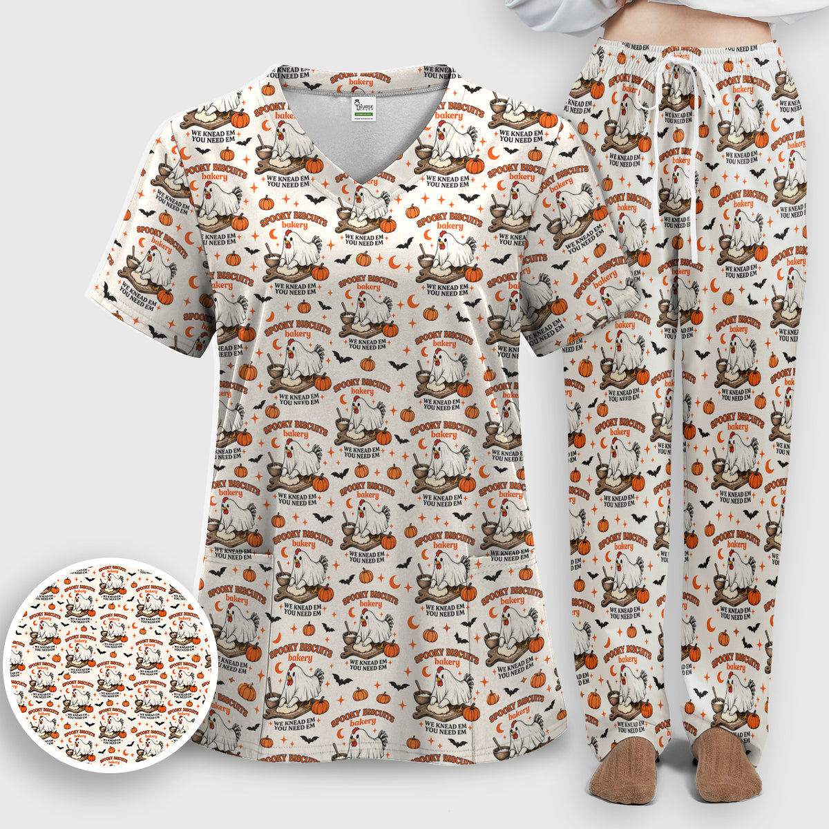 Halloween Spooky Biscuits Chicken Pattern Scrub Set, Scrub Pants and V Neck Top