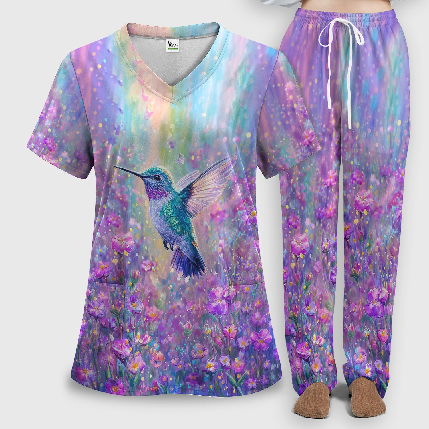 Watercolor Hummingbird with Purple Floral Garden Print Scrub Set, Scrub Pants and V Neck Top