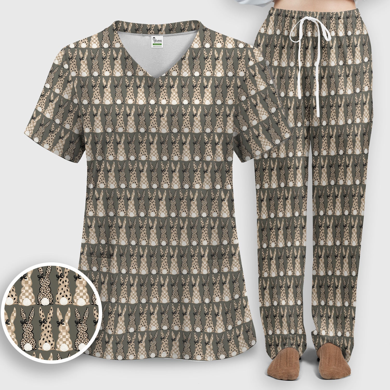 Vintage Bunny Pattern Beige Scrub Set, Scrub Pants and V Neck Top