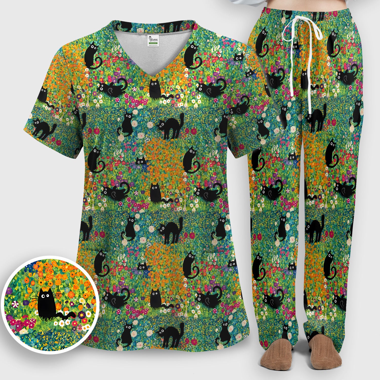 Black Cat Flower Garden Pattern Scrub Set, Scrub Pants and V Neck Top