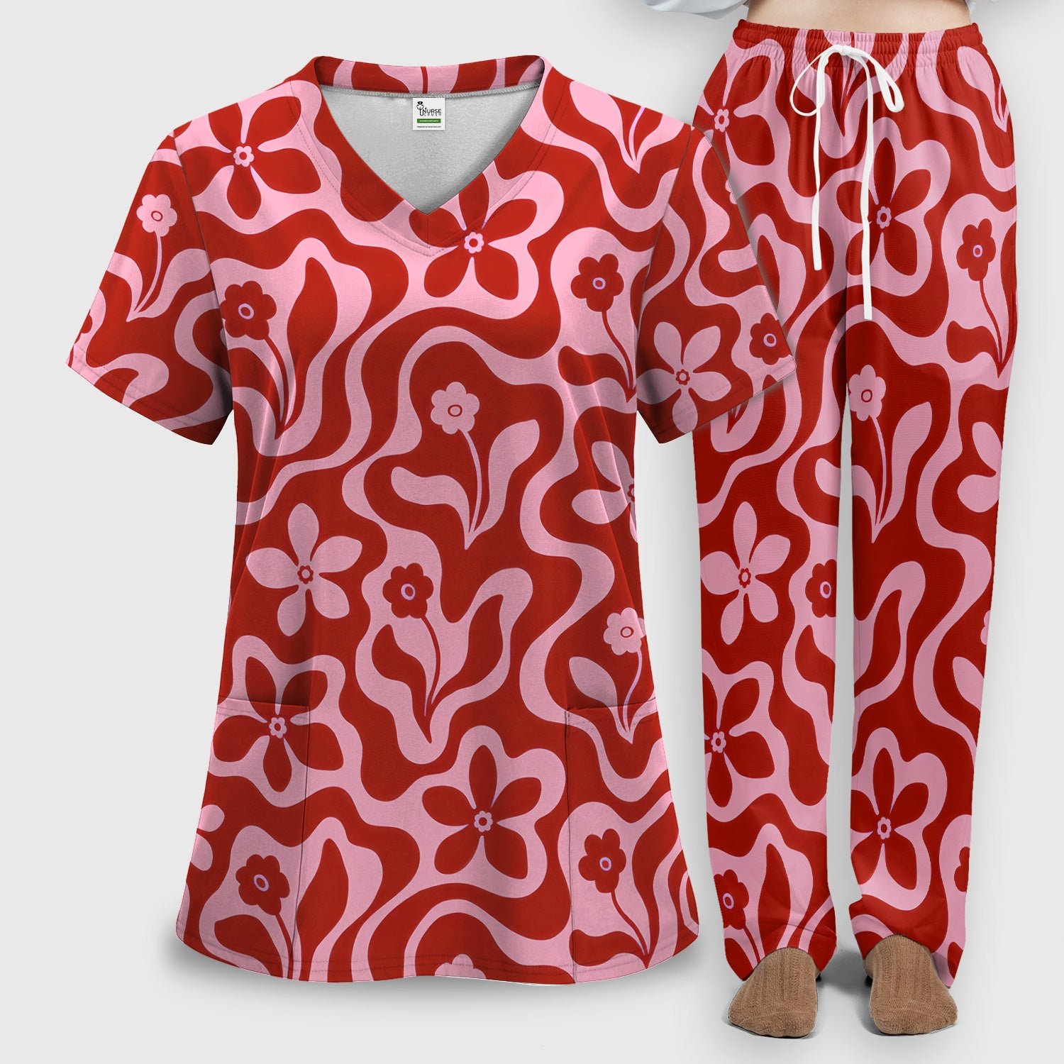 Retro Pink Floral Pattern, Groovy Medical Scrub Set, Scrub Pants and V Neck Top