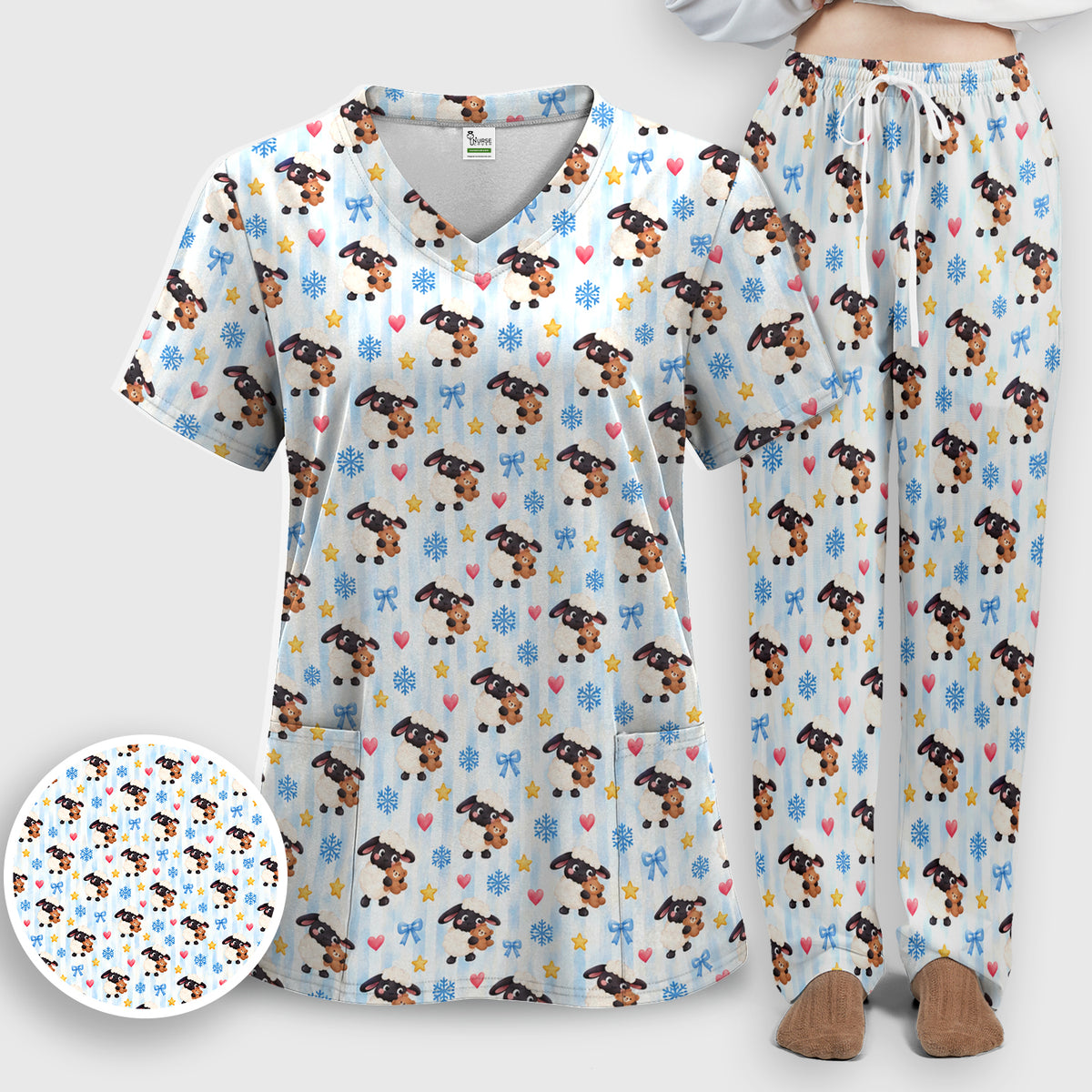 Cute Winter Lambs Holding Teddy Bears Scrub Set, Scrub Pants and V Neck Top