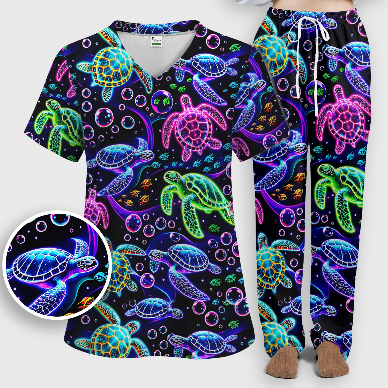 Neon Sea Turtle Swimming Bubble Ocean Scrub Set, Scrub Pants and V Neck Top