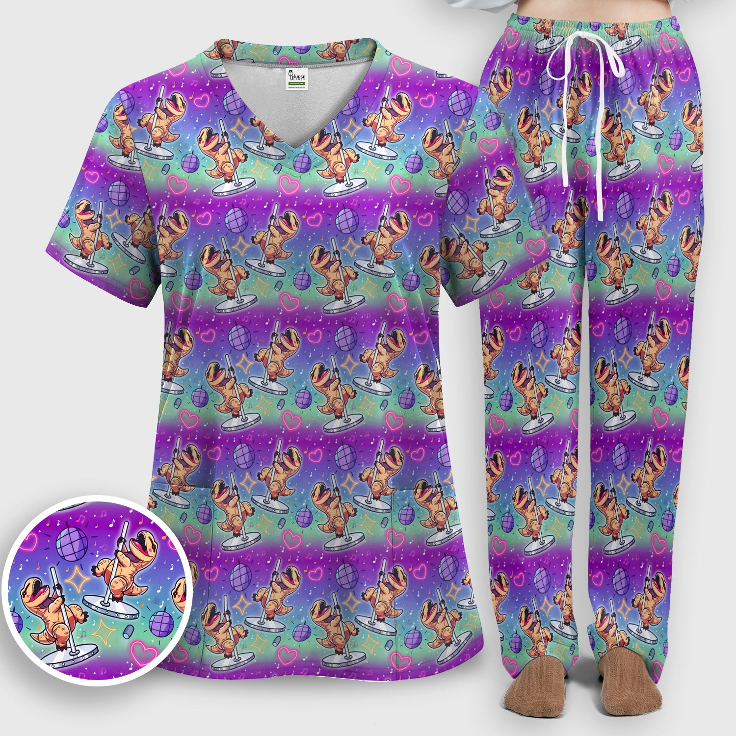 Funny Dancing Dinosaur Disco Party Pattern Nurse Scrub Set, Scrub Pants and V Neck Top