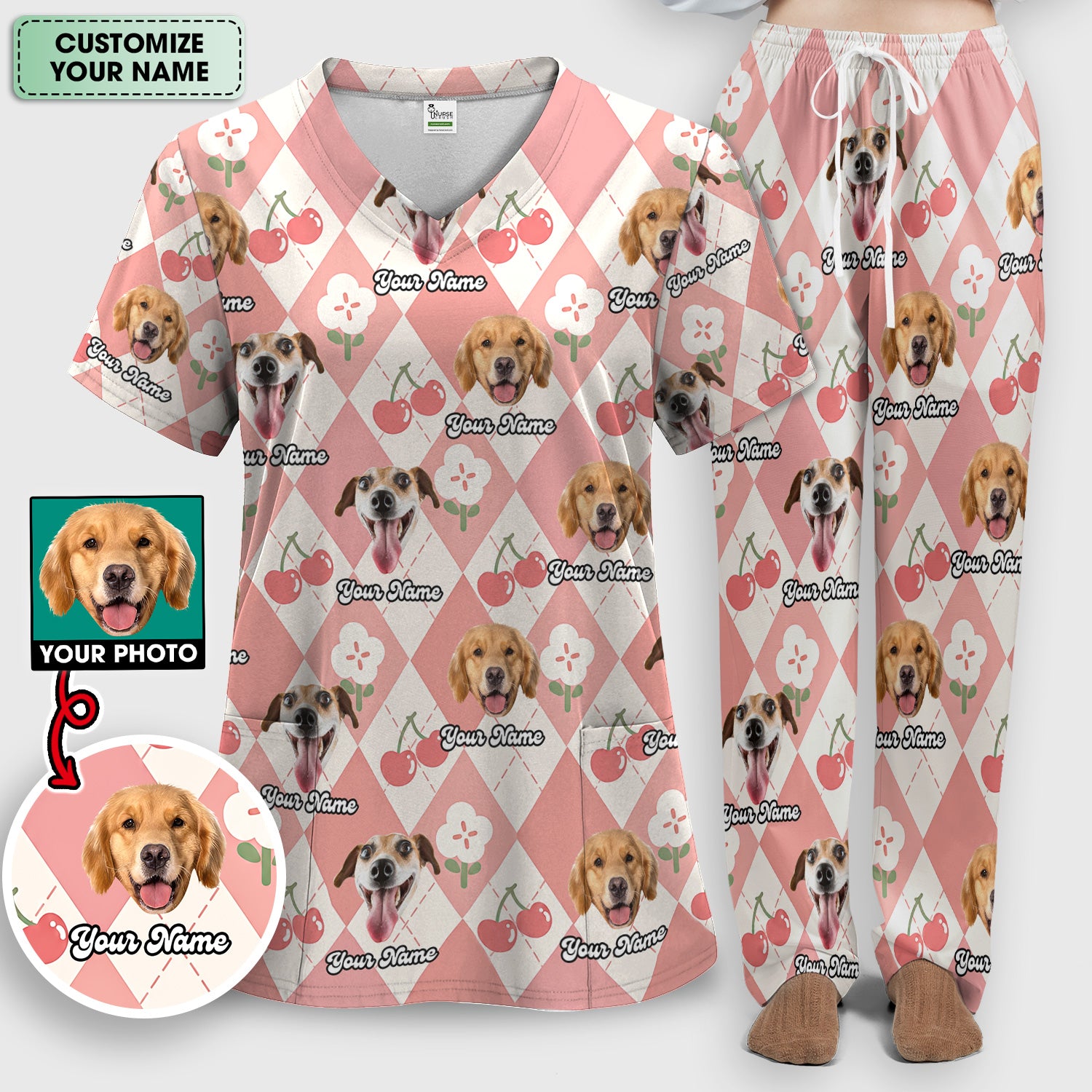 Custom Dog Face Scrub Set, Playful Dog Cherry Argyle Pattern Shirt, Breathable Fabrics Nursing Uniform