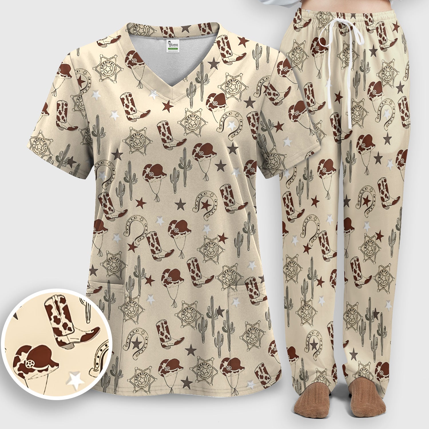 Funny Cowboy Hats & Boots Pattern Scrub Set, Scrub Pants and V Neck Top