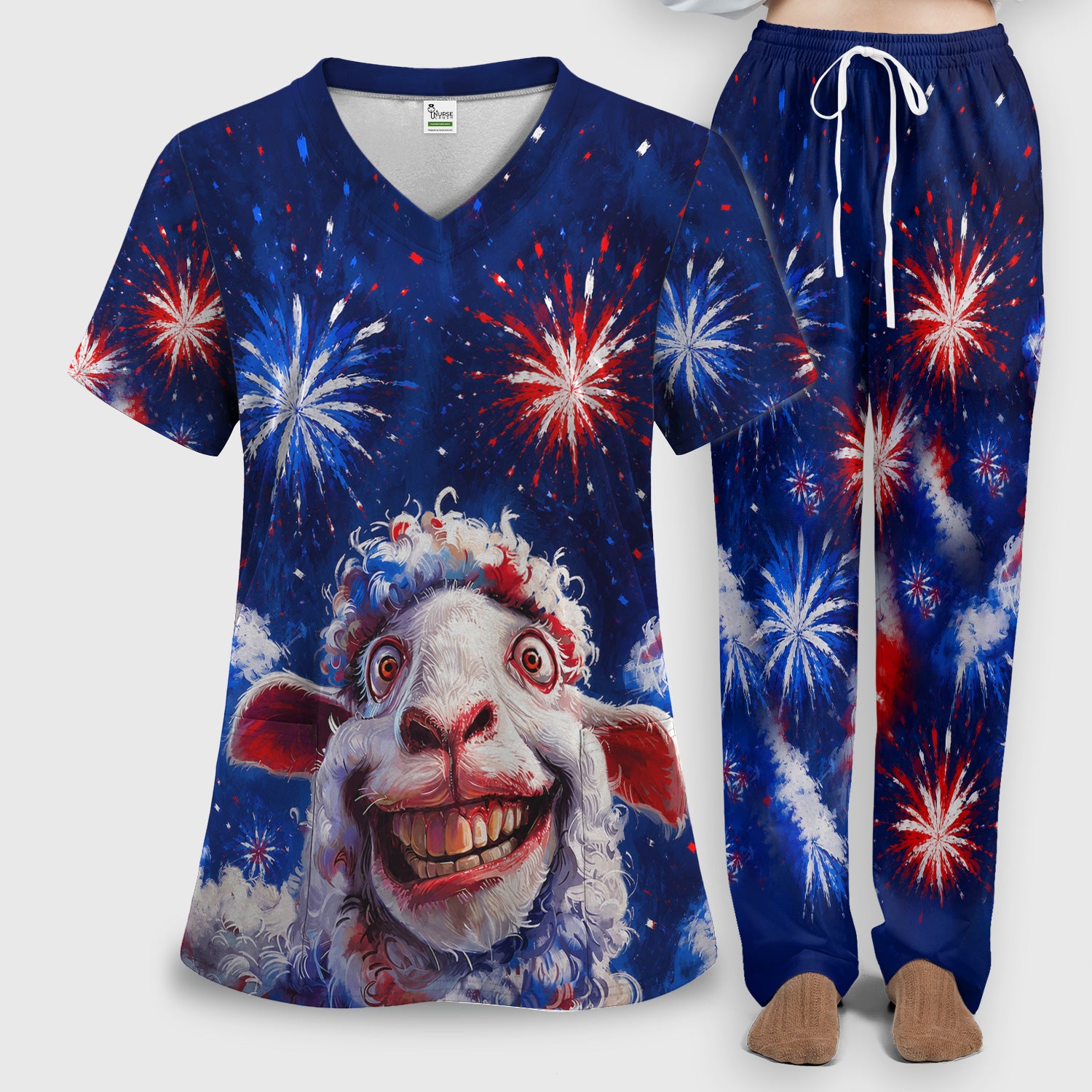 Funny Patriotic Sheep Fireworks Print Scrub Set, Scrub Pants and V Neck Top