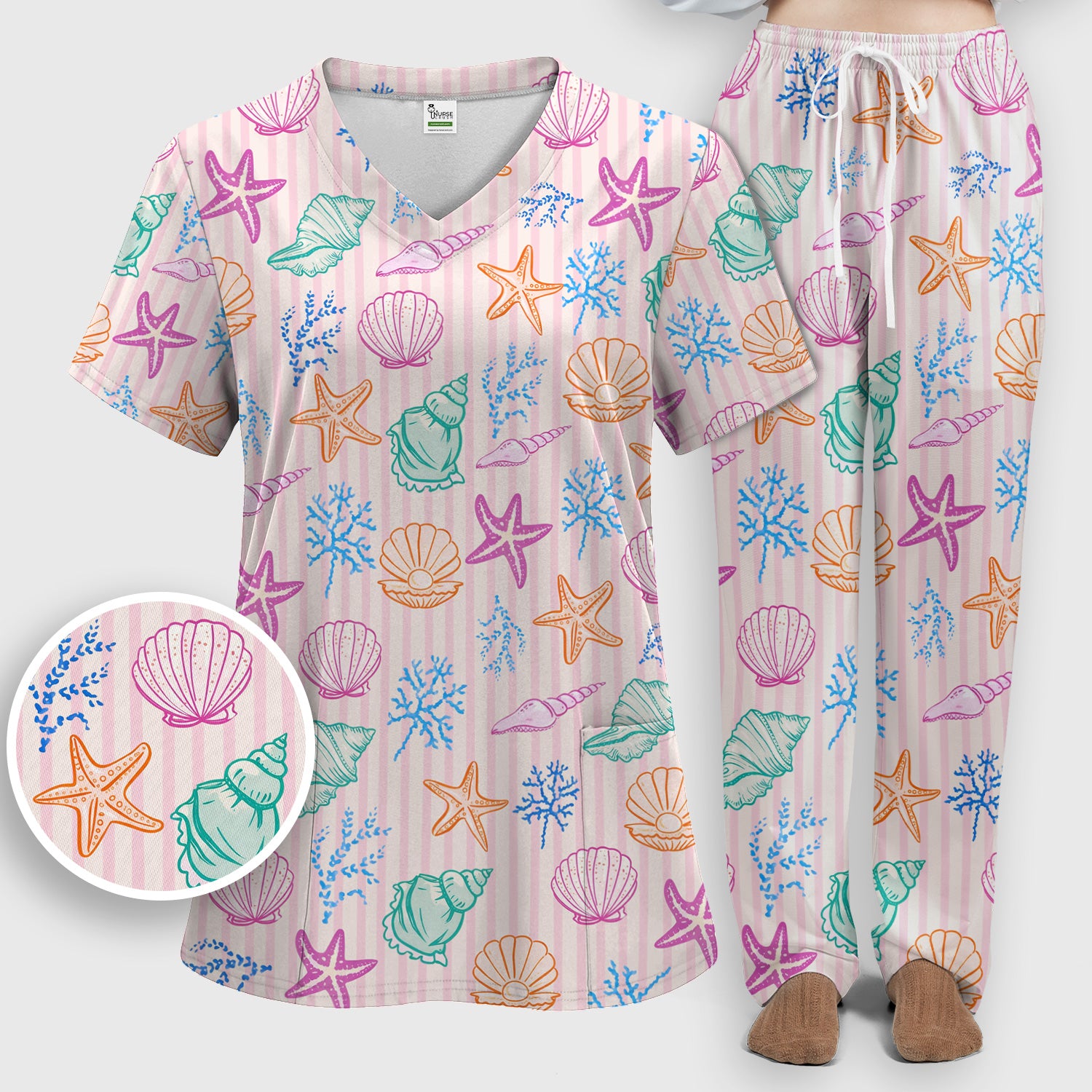 Colorful Seashell Starfish Ocean Stripe Pattern Scrub Set, Women's Scrub Sets