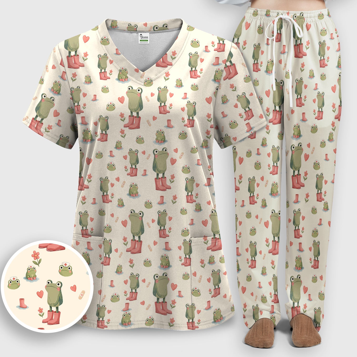 Adorable Frog Boots Heart Pattern Scrub Set, Nurse Uniform Scrubs Set