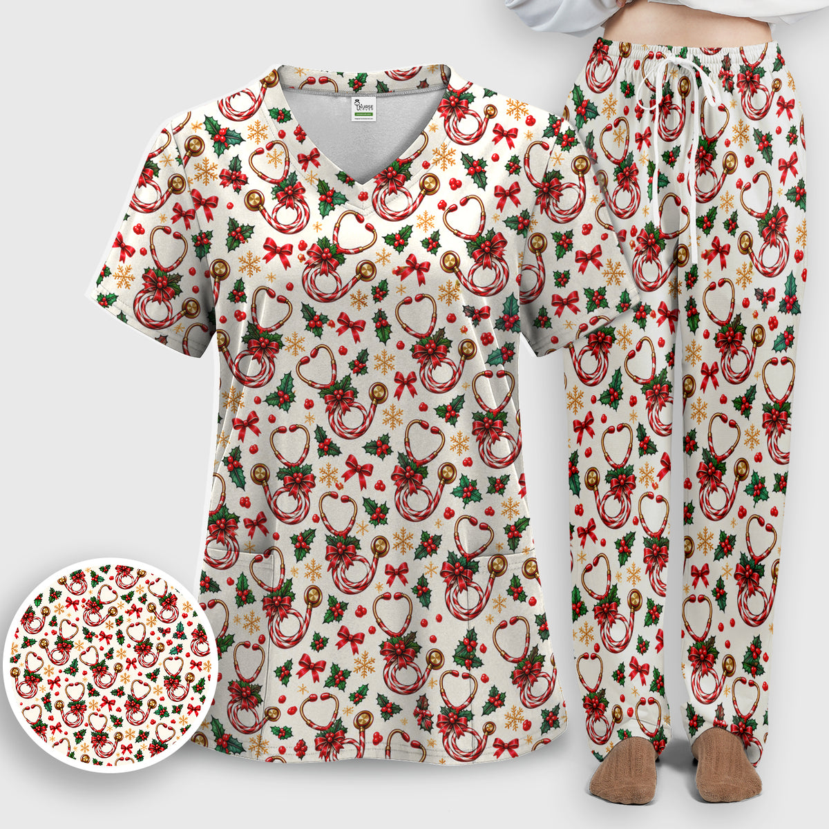 Christmas Candy Cane Stethoscope Pattern Scrub Set, Scrub Pants and V Neck Top