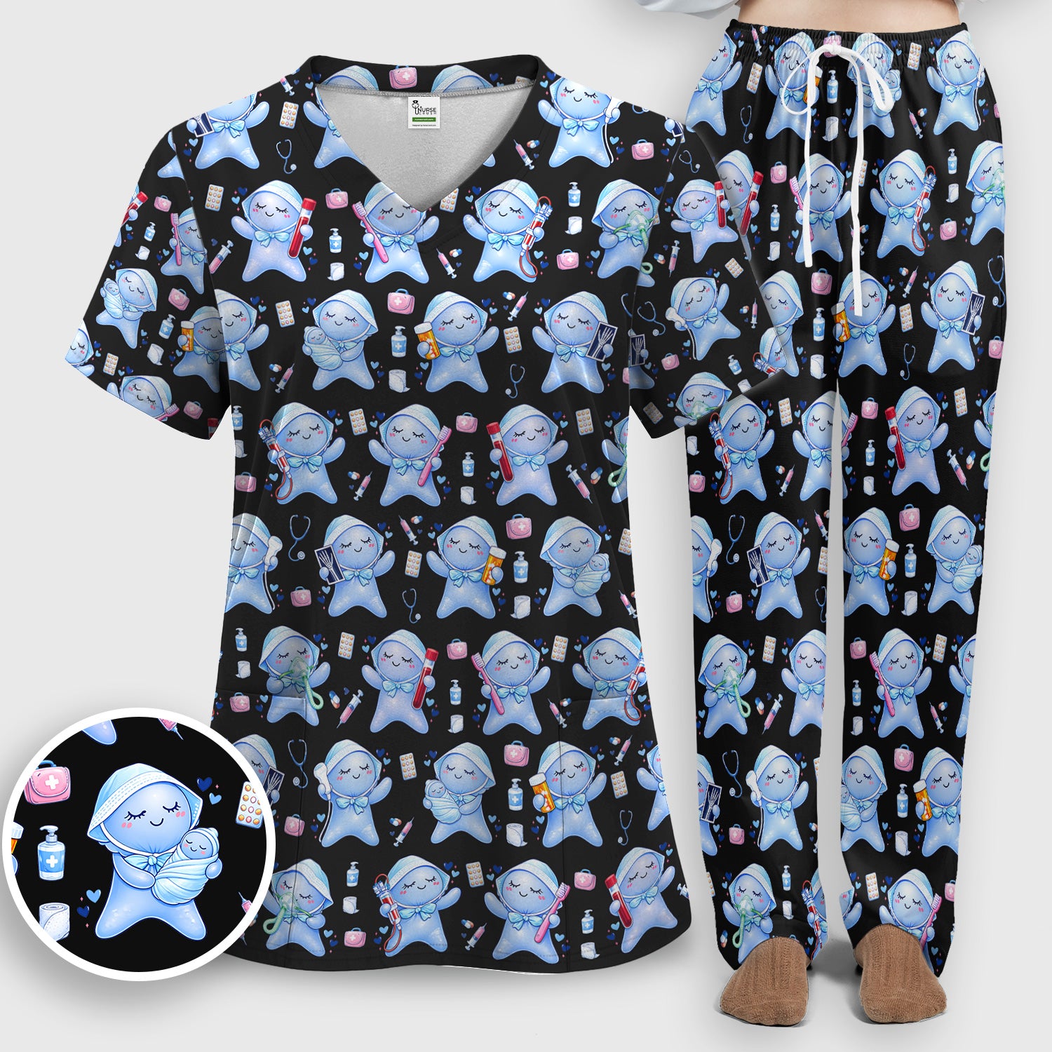 Cute Tooth Character Dental Tools Caring Pattern Scrub Set, Breathable Med Uniform