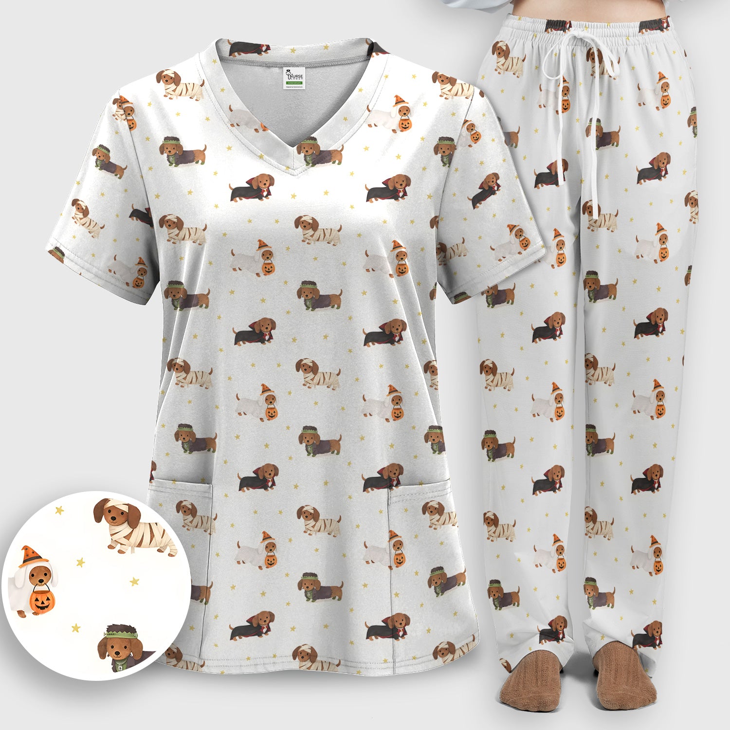 Halloween Dachshund Costumes Print Scrub Set, Scrub Pants and V Neck Top