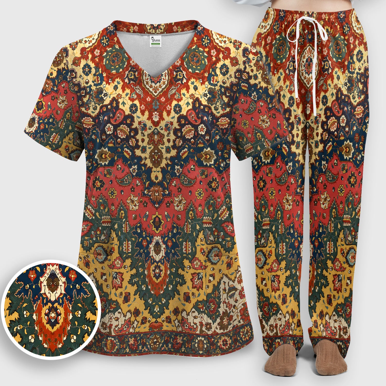 Vintage Persian Rug Floral Pattern Scrub Set, Scrub Pants and V Neck Top