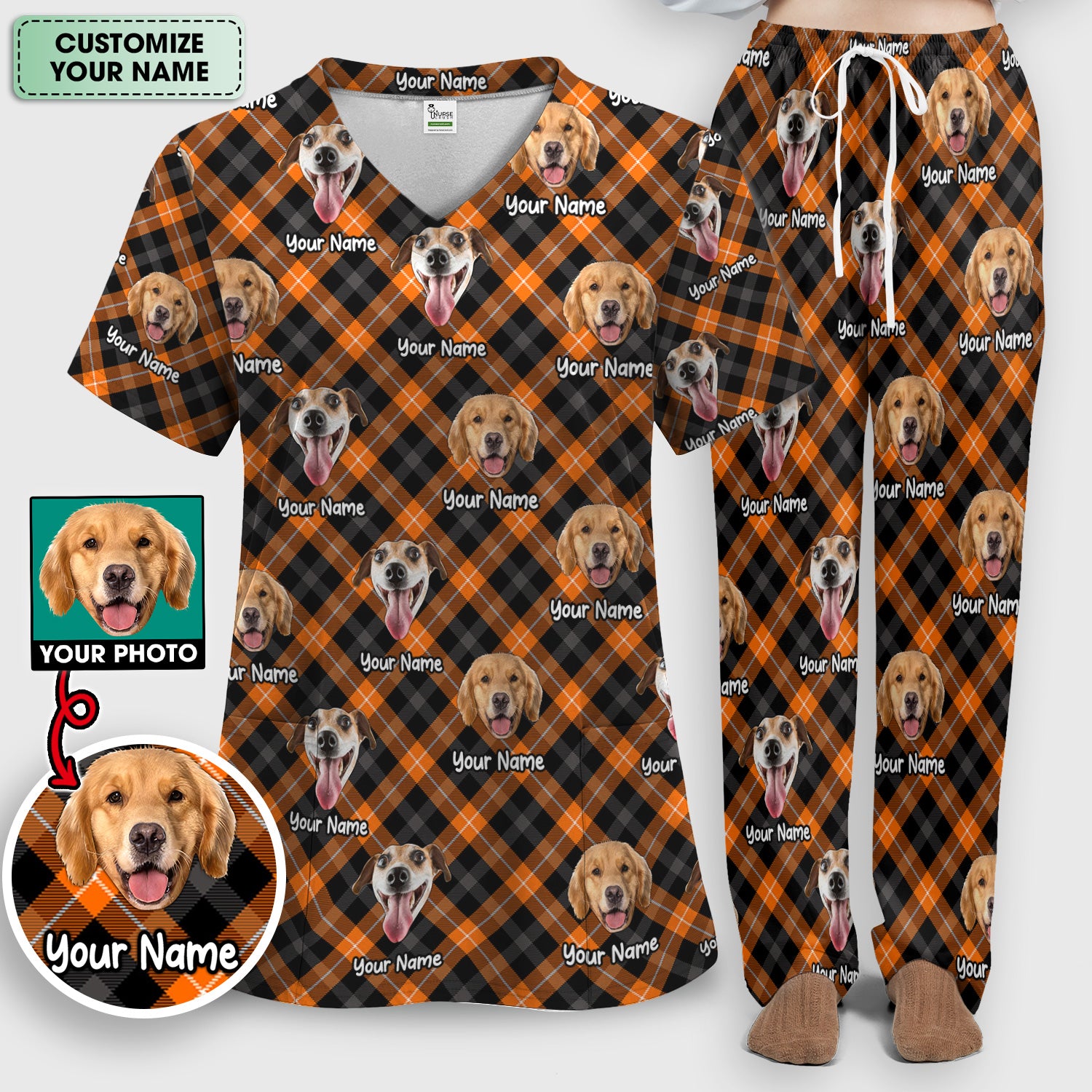 Personalized Halloween Dog Photo Plaid Scrub Set, Scrub Pants and V Neck Top