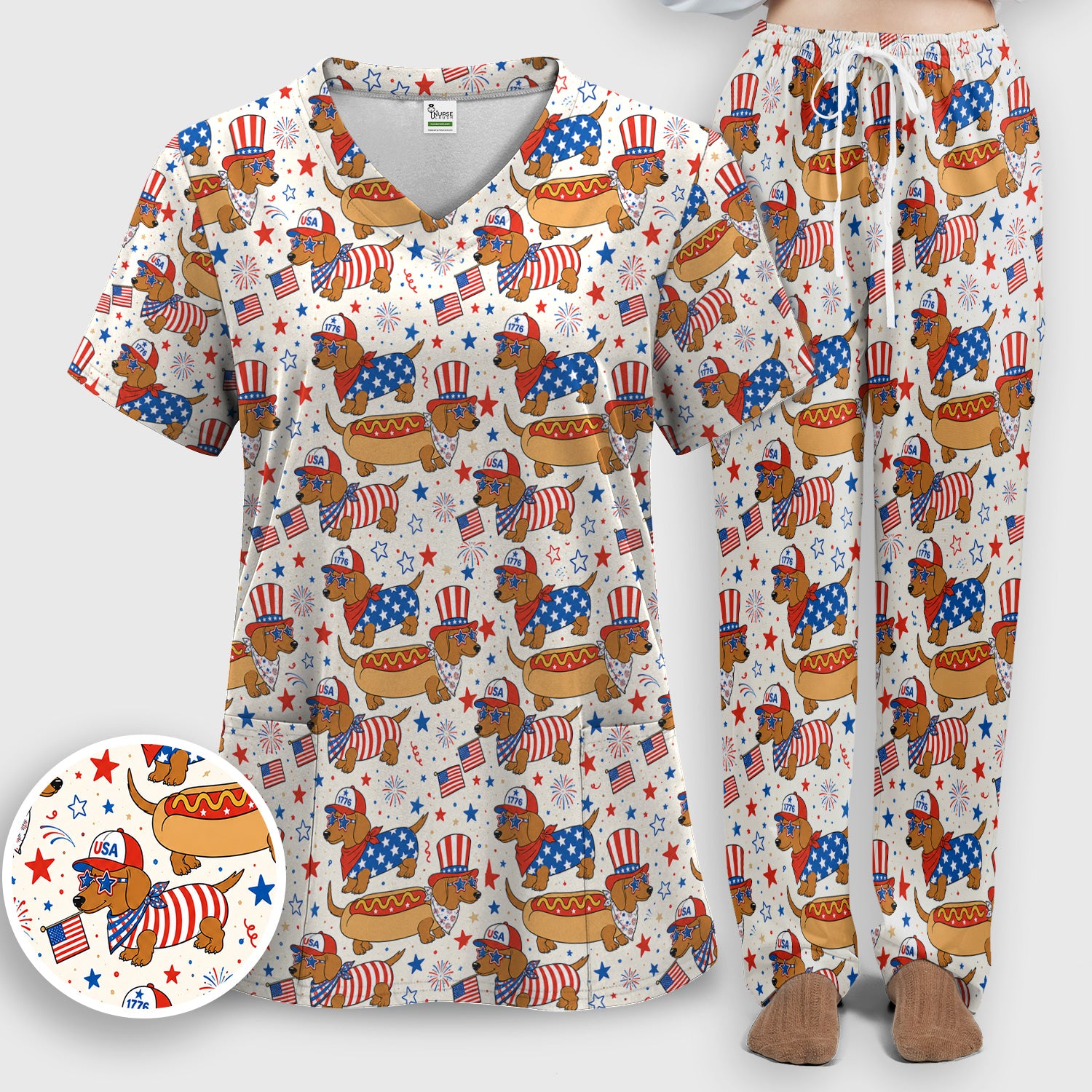 Patriotic Dachshund Fourth Of July Scrub Set, Scrub Pants and V Neck Top