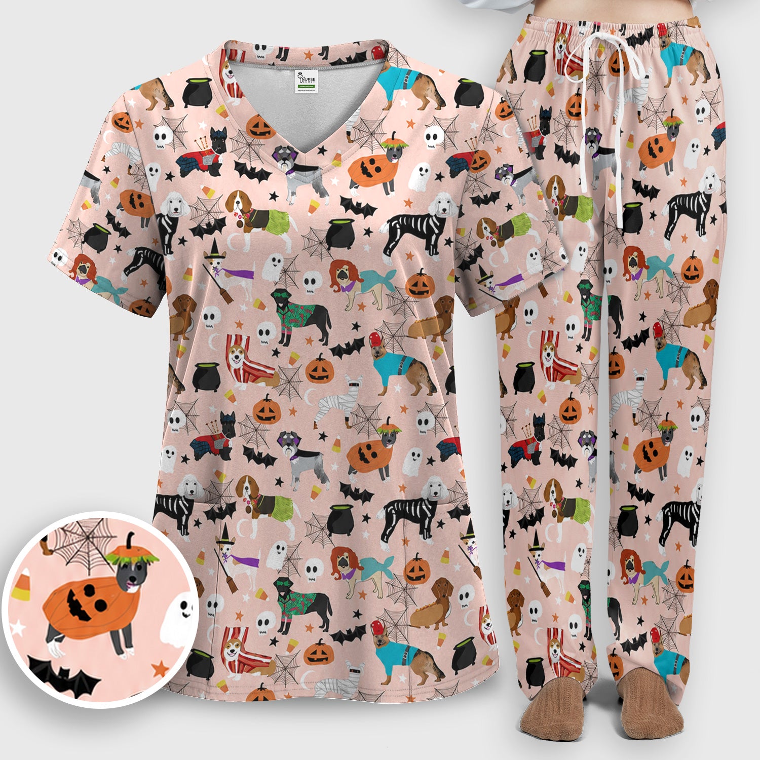 Halloween Costume Dogs Scrub Set, Scrub Pants and V Neck Top