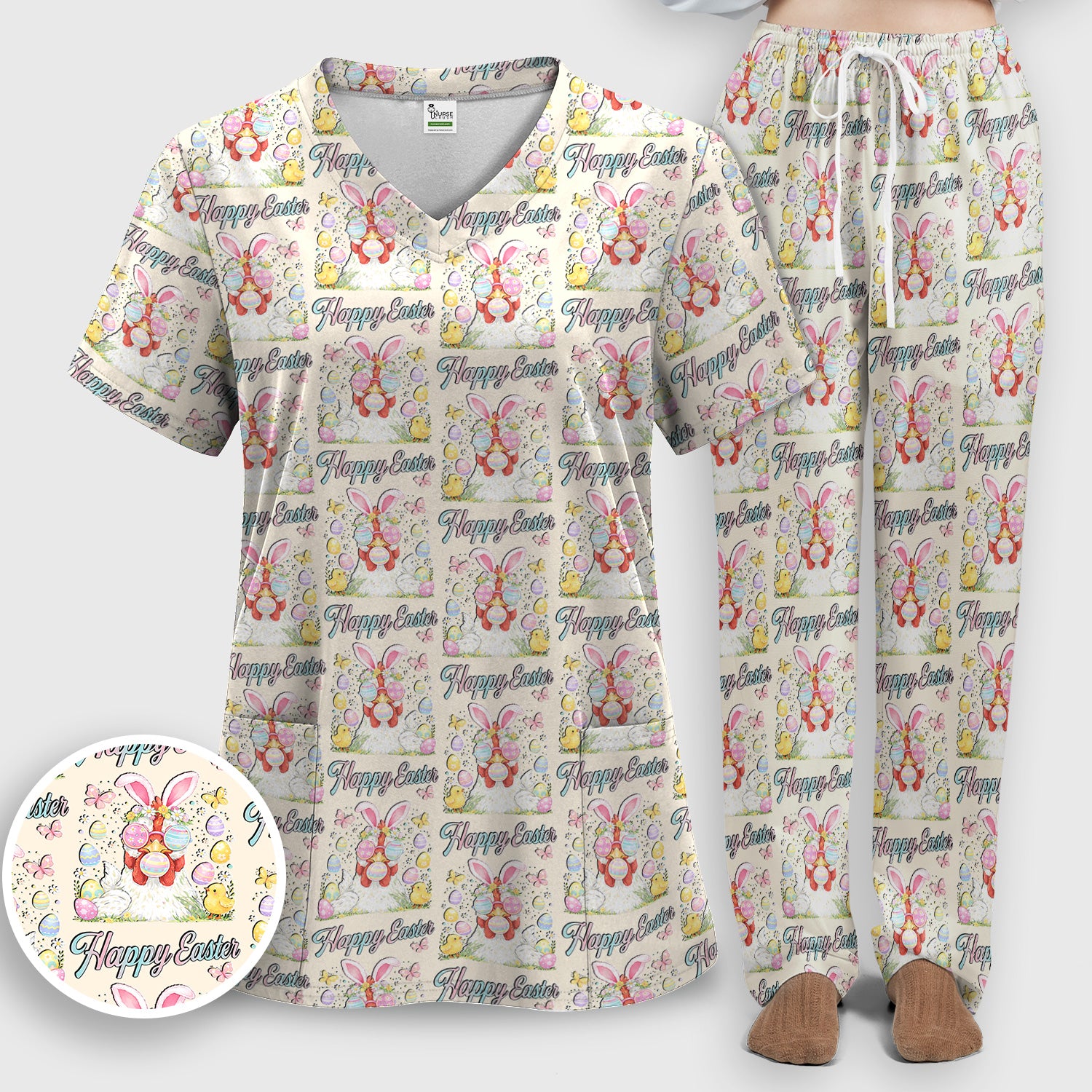 Happy Easter Bunny Eggs Pattern Scrub Set, Scrub Pants and V Neck Top