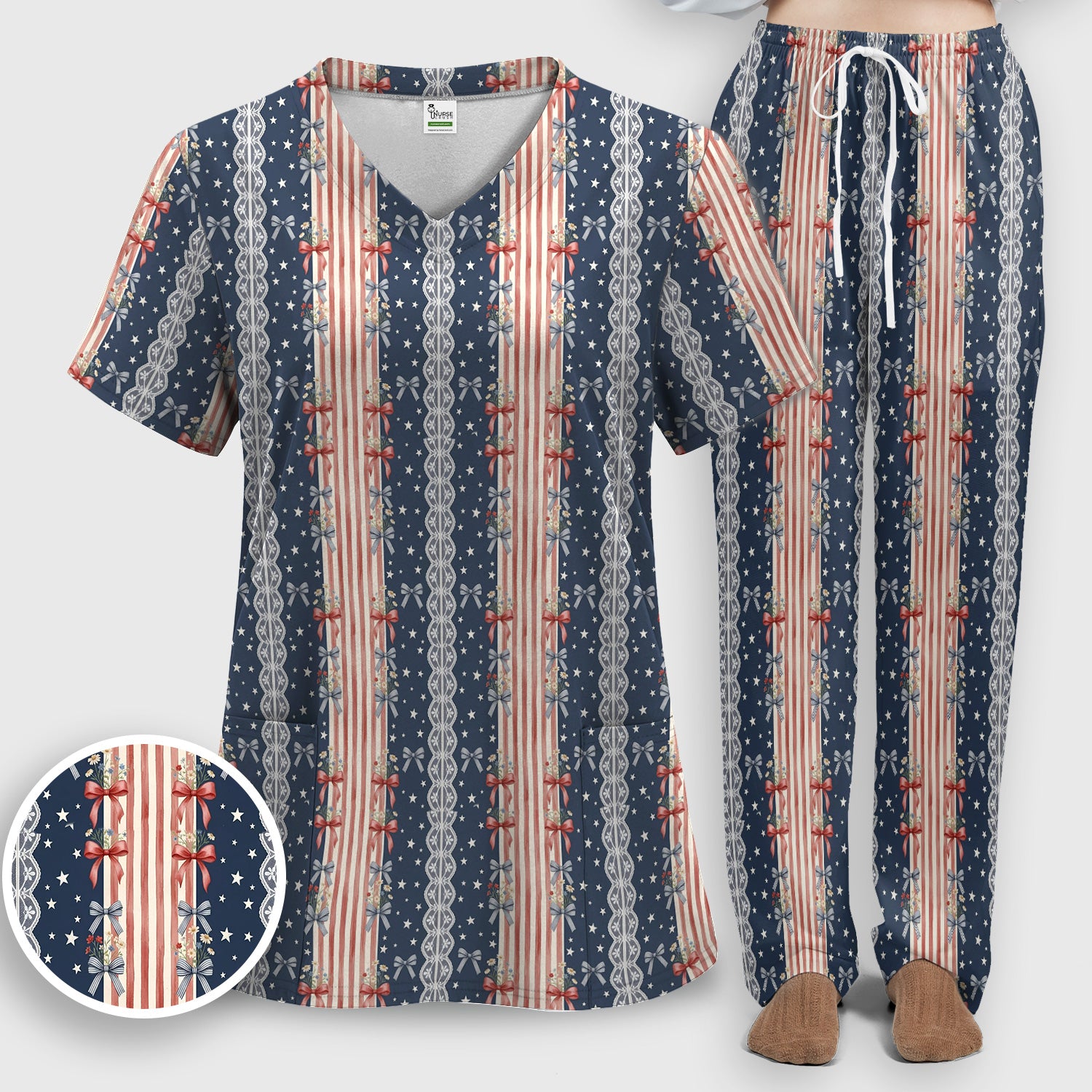 Patriotic Bow Lace Stripe Pattern Scrub Set, Scrub Pants and V Neck Top