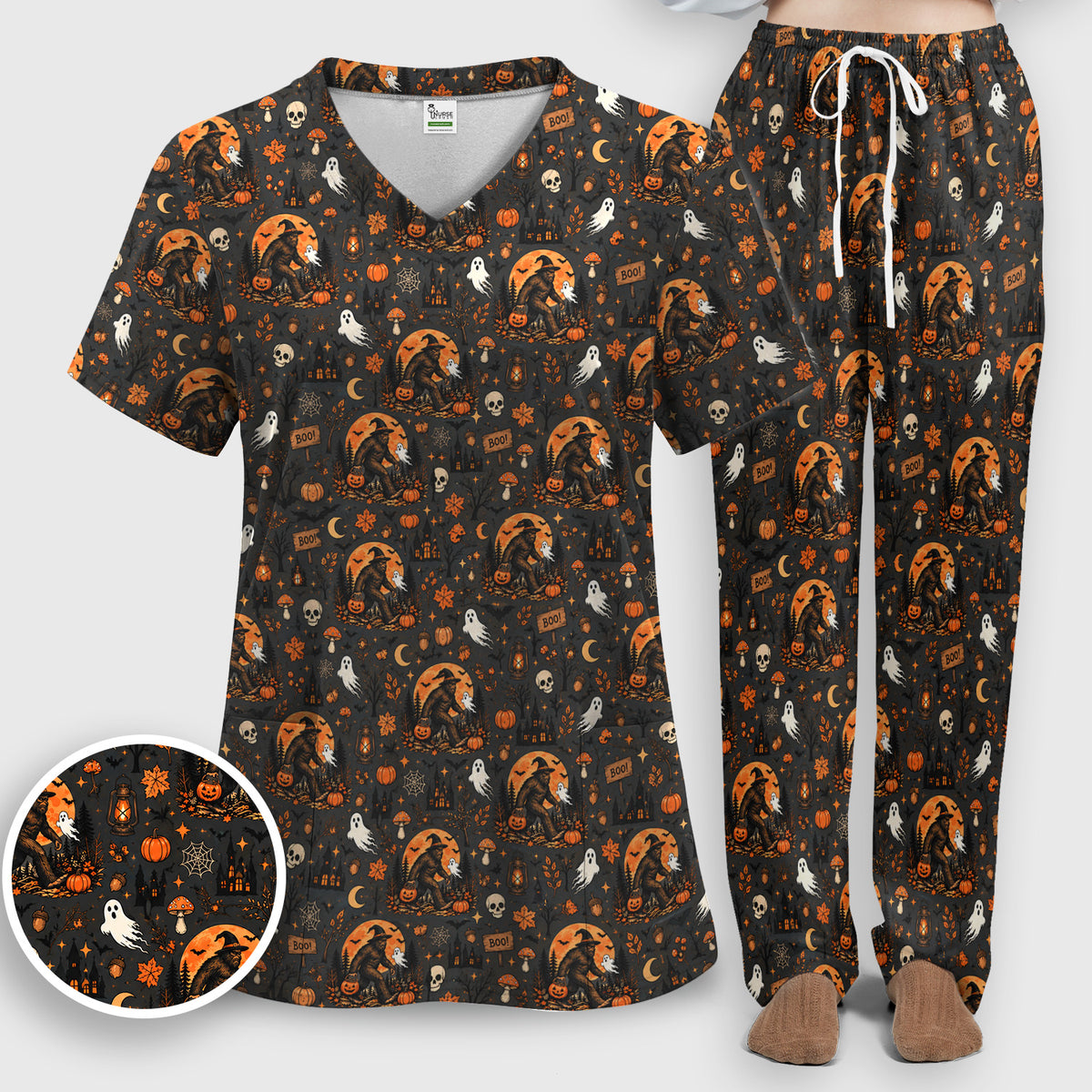 Halloween Bigfoot Ghost with Pumpkin Scrub Set, Scrub Pants and V Neck Top