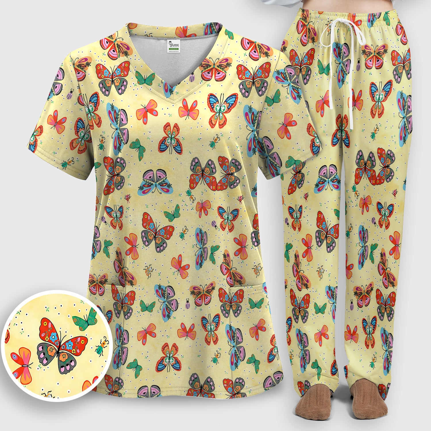 Colorful Butterfly Garden Pattern Scrub Set, Scrub Pants and V Neck Top