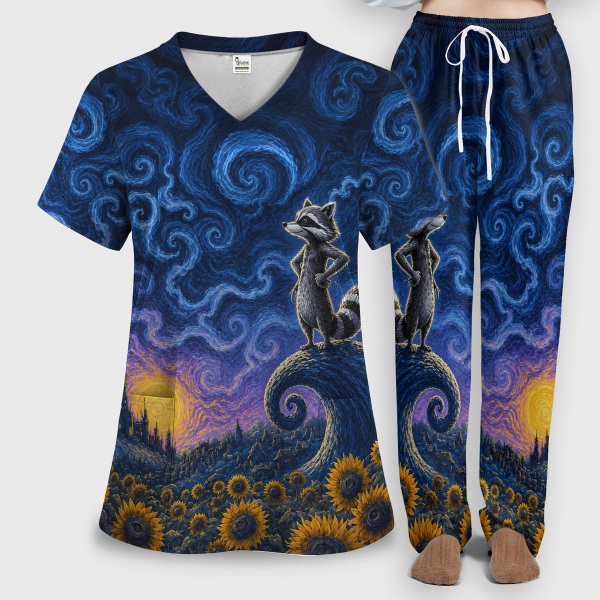 Starry Raccoon Print Scrub Set, Scrub Pants and V Neck Top