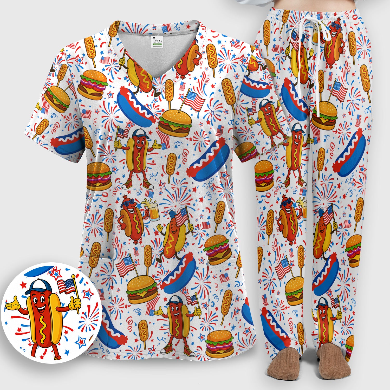 Patriotic Hot Dog Burger Fireworks Scrub Set, Scrub Pants and V Neck Top
