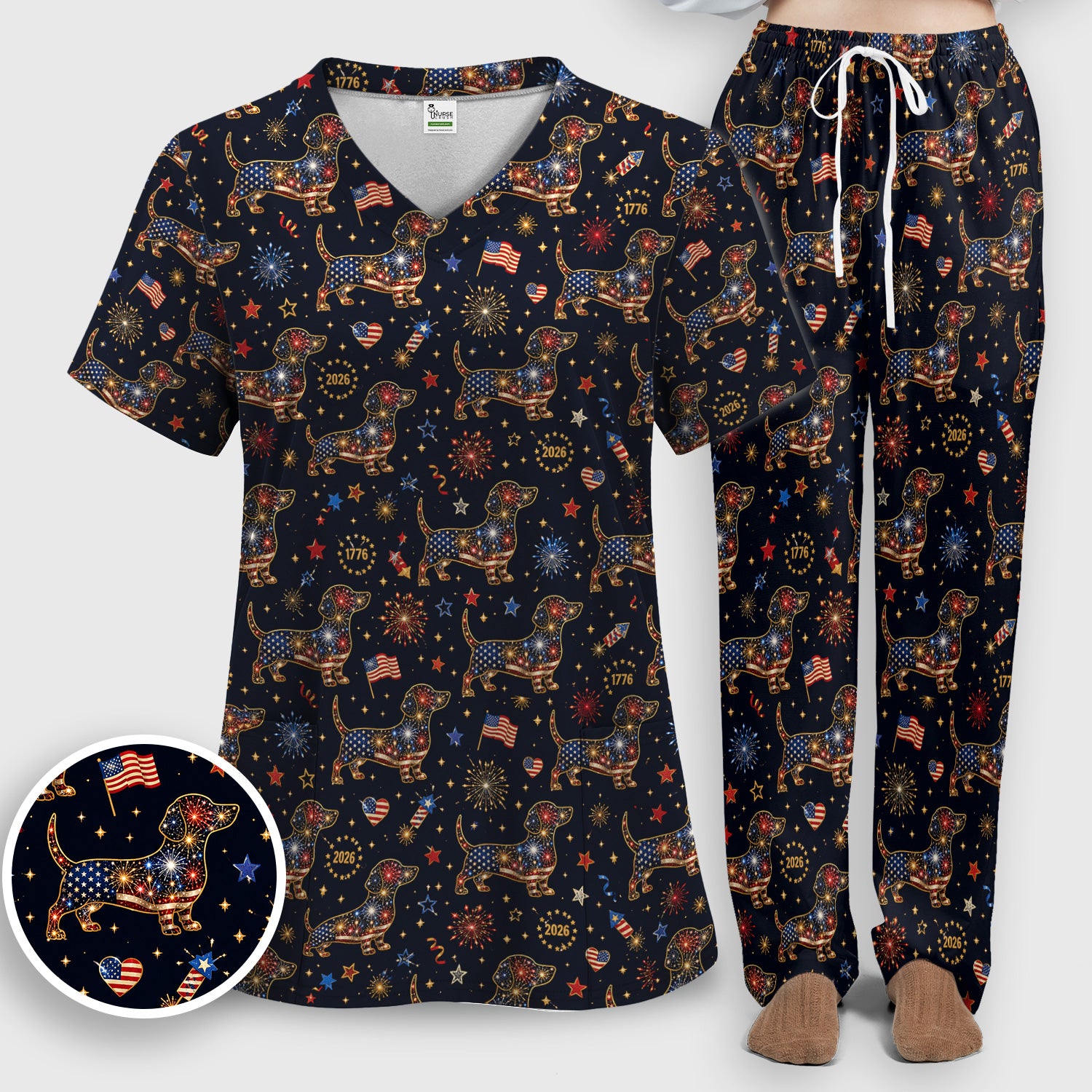 Patriotic Dachshund Fourth Of July Scrub Set, Scrub Pants and V Neck Top
