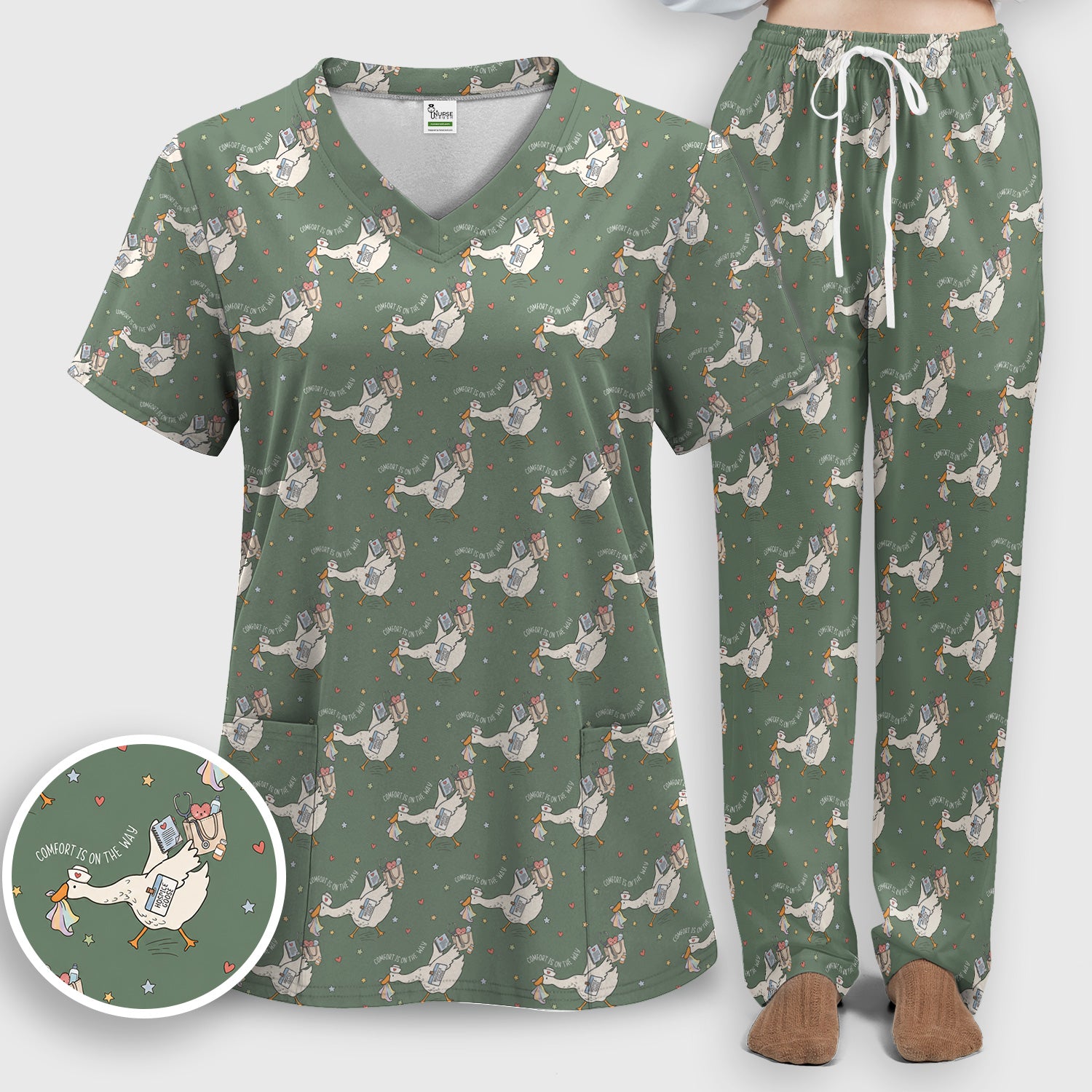 Cute Comfort Is On The Way Goose Scrub Set, Scrub Pants and V Neck Top