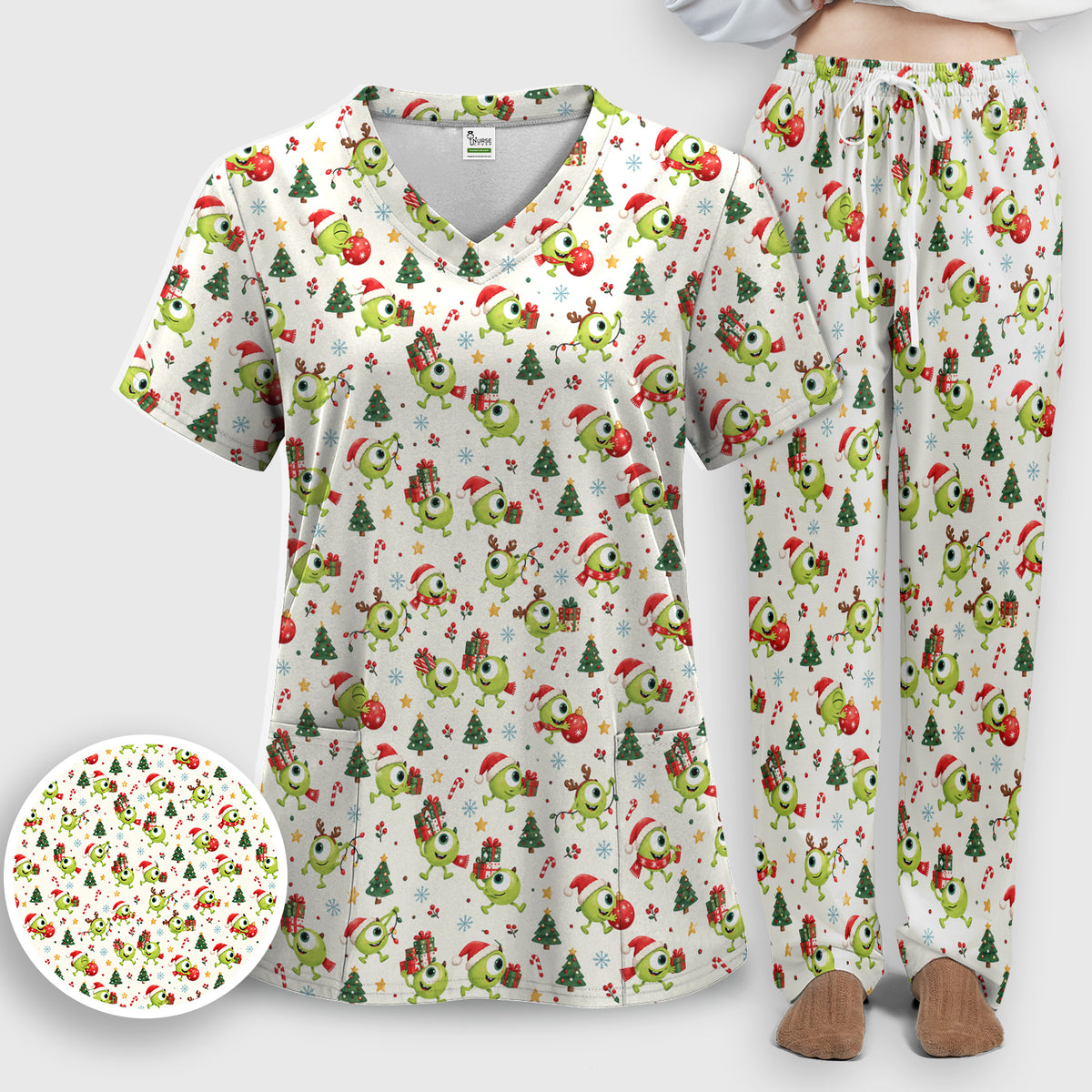 Christmas One Eyed Green Monsters Scrub Set, Scrub Pants and V Neck Top