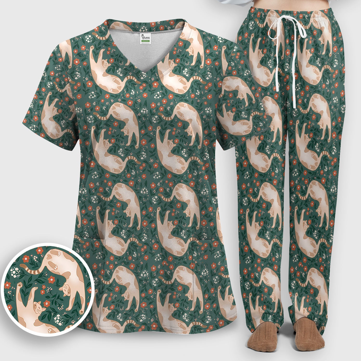 Glowing Blue Butterfly Garden Pattern Scrub Set, Scrub Pants and V Neck Top