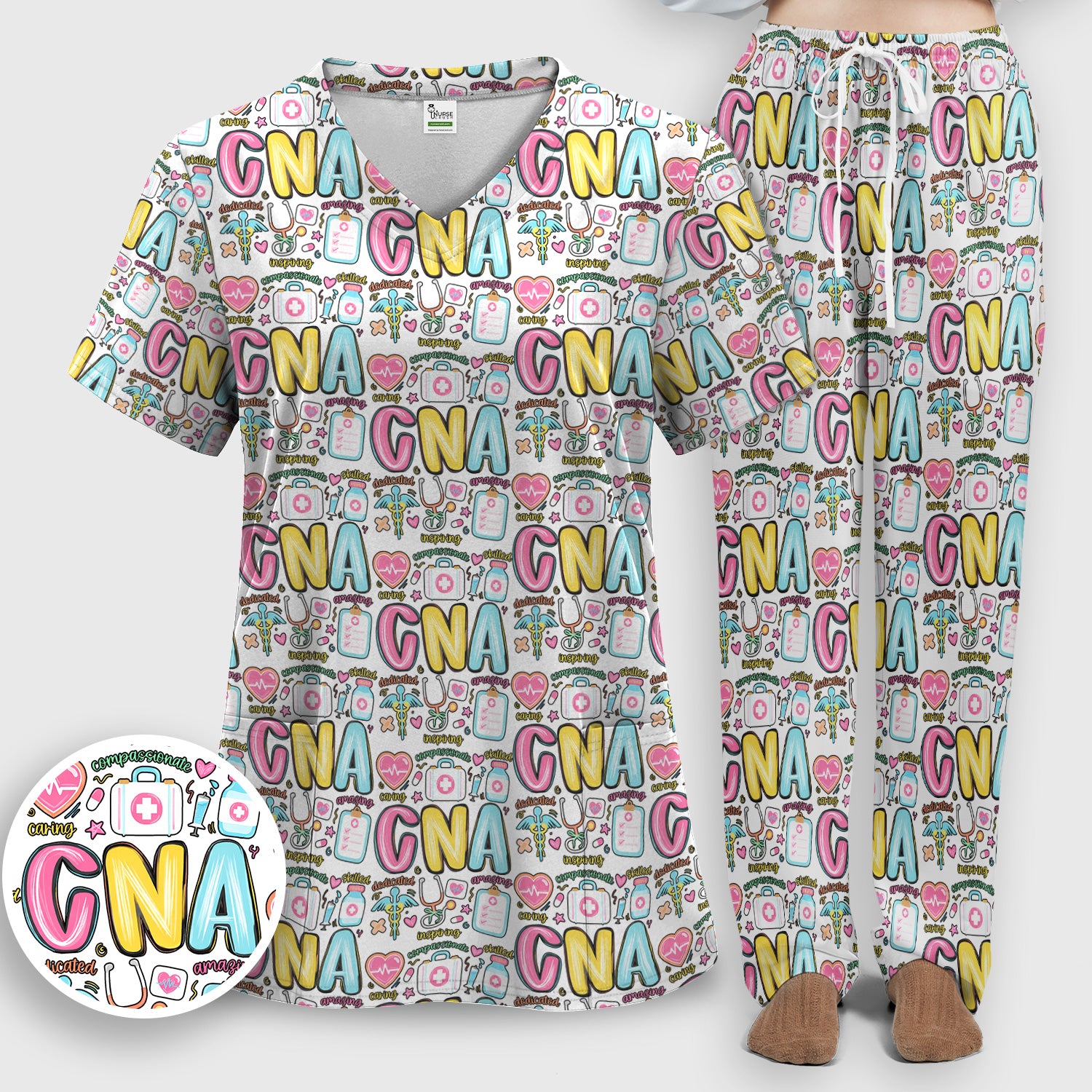 CNA Nurse Appreciation Pattern Scrub Set, Breathable Med Uniform