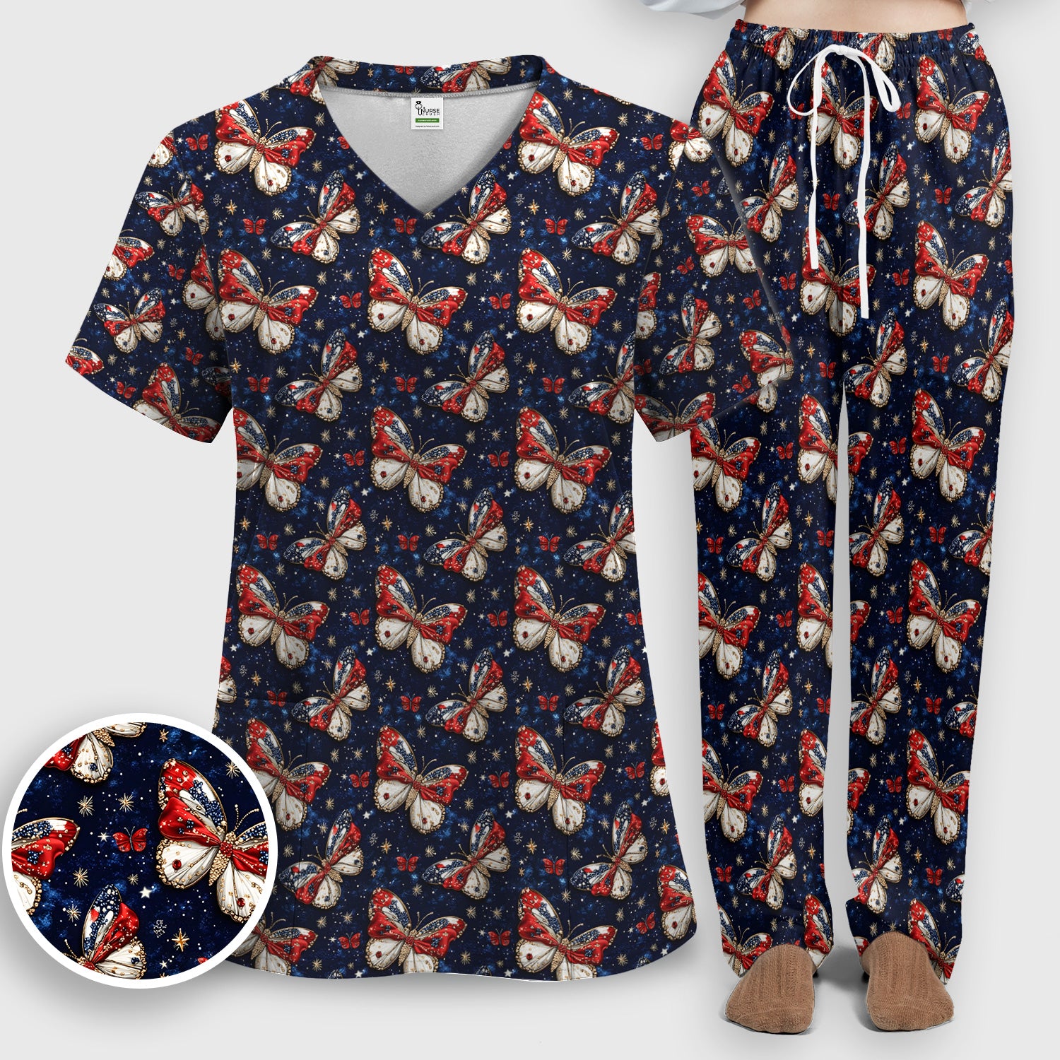 Patriotic Butterfly Nurse for RN & CNA, Americana Stars Healthcare Workers Uniform Scrub Set, Scrub Pants and V Neck Top