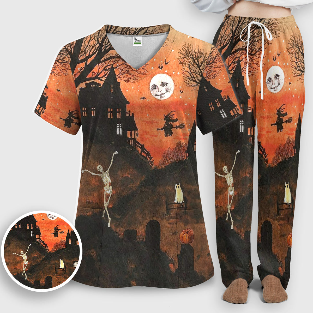 Halloween Haunted House Pattern Scrub Set, Scrub Pants and V Neck Top