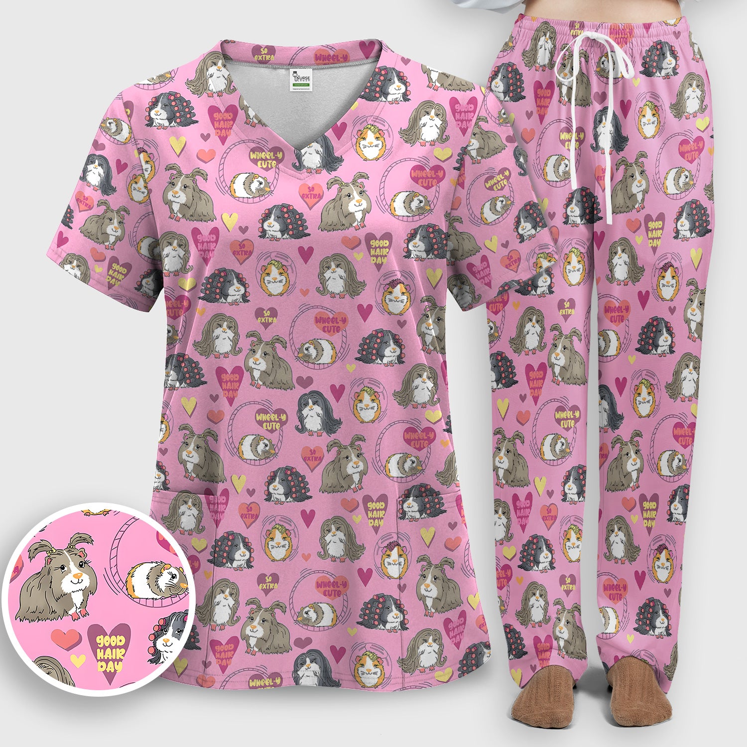 Cute Guinea Pig Heart Pattern Scrub Set, Scrub Pants and V Neck Top