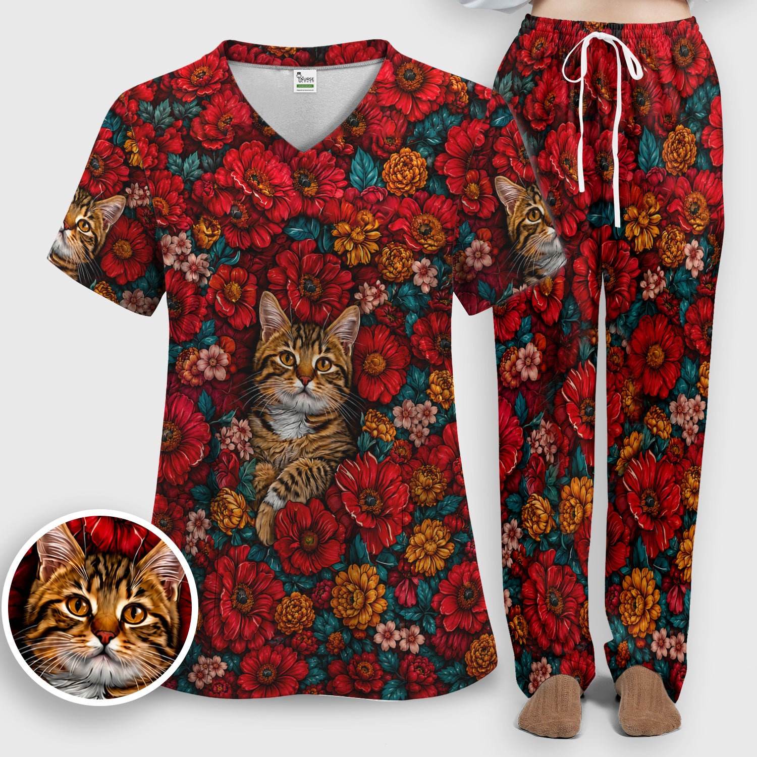 Adorable Tabby Cat Floral Garden Pattern Scrub Set, Scrub Pants and V Neck Top