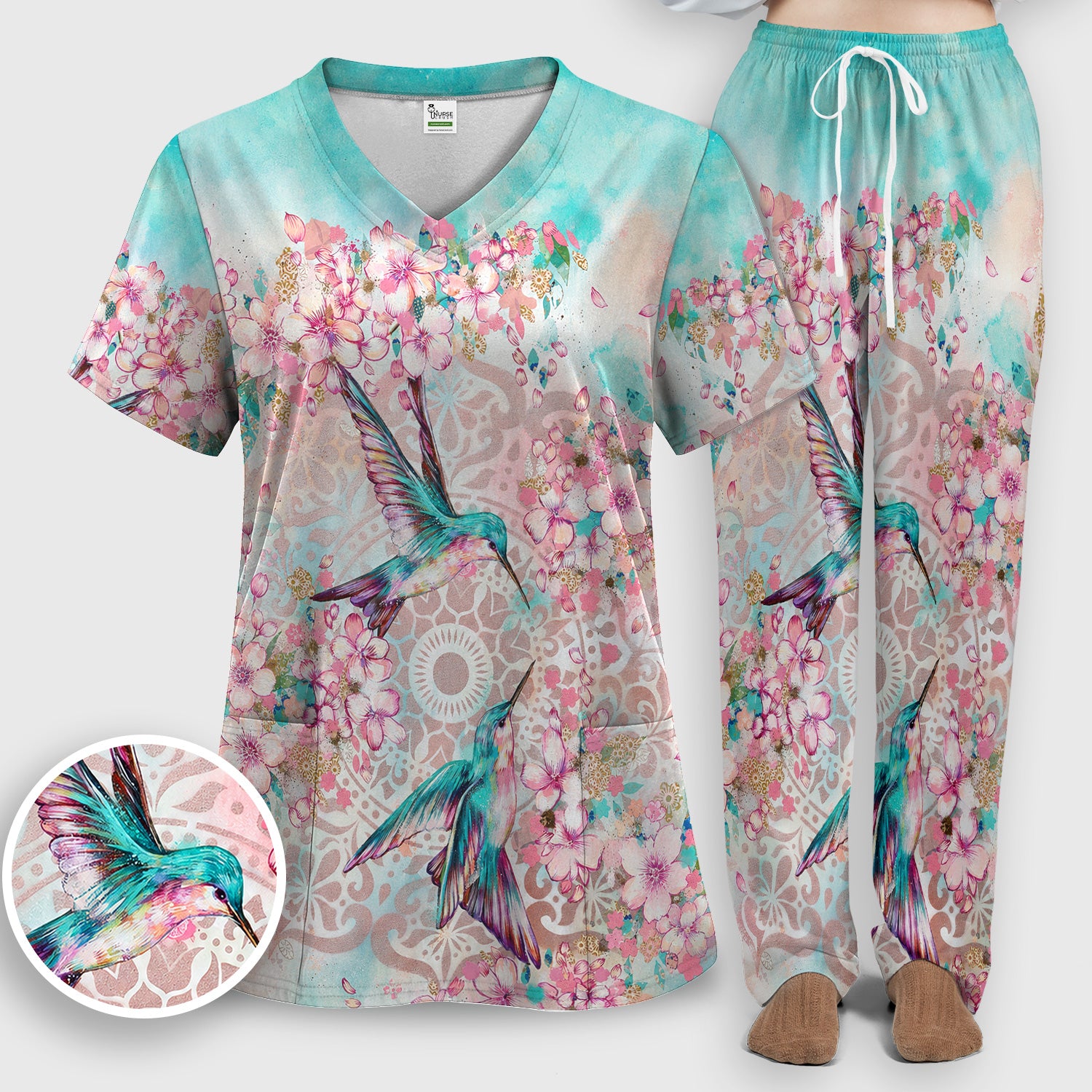 Charming Hummingbird Cherry Blossom Pattern Scrub Set, Scrub Pants and V Neck Top