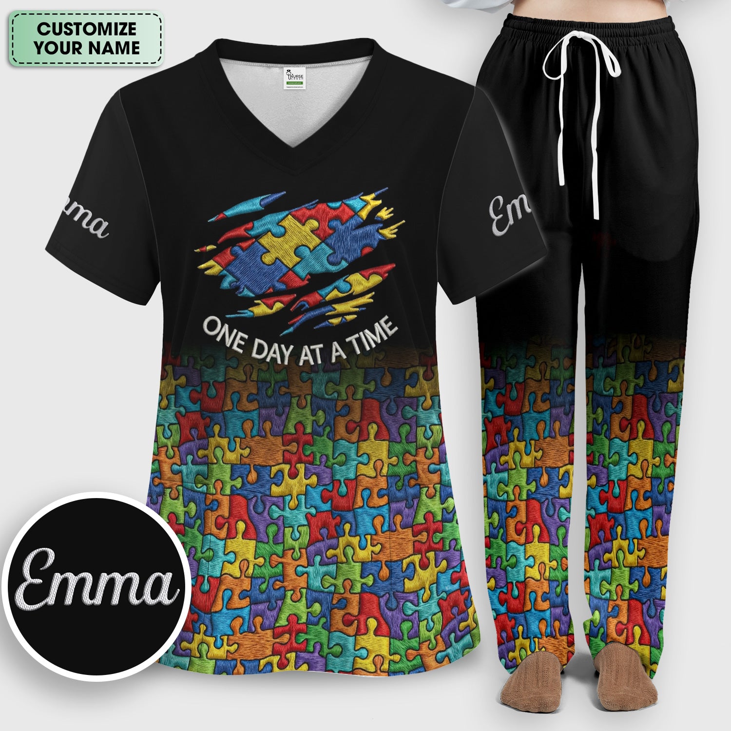 Personalized Autism Puzzle One Day At A Time Scrub Set, Scrub Pants and V Neck Top