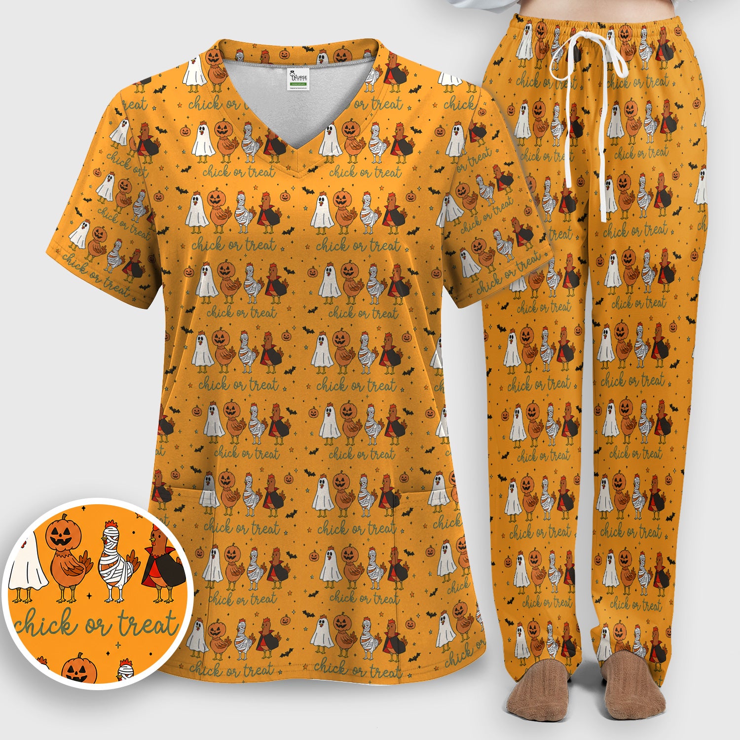 Funny Chick Or Treat Season Scrub Set, Scrub Pants and V Neck Top