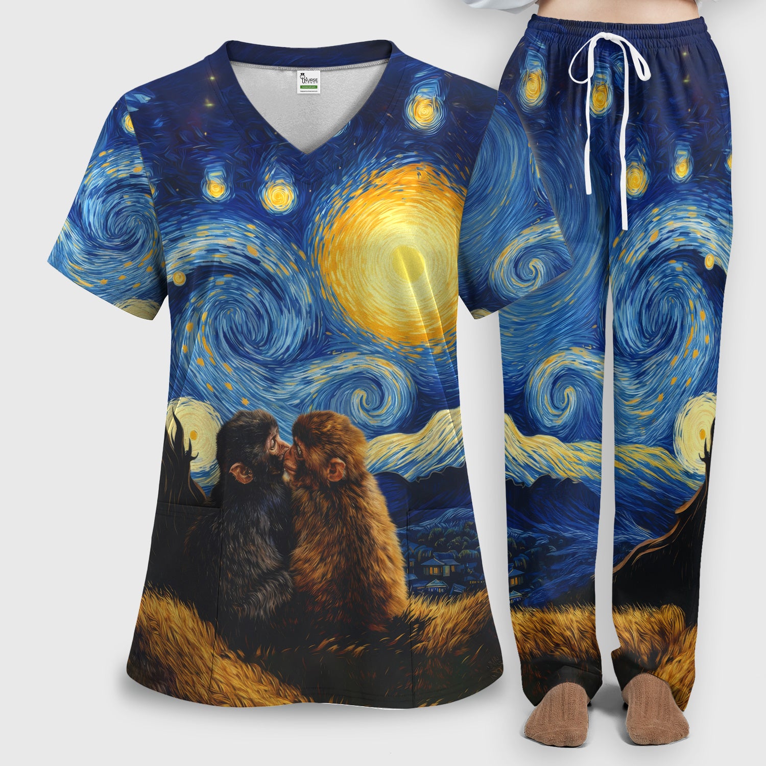 Romantic Monkey Couple Night Sky Pattern Scrub Set, Women's Scrub Sets
