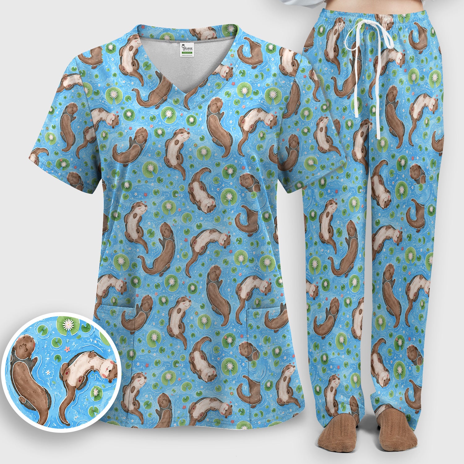 Cute Otter Lily Pond Nurse Print Scrub Set, Scrub Pants and V Neck Top