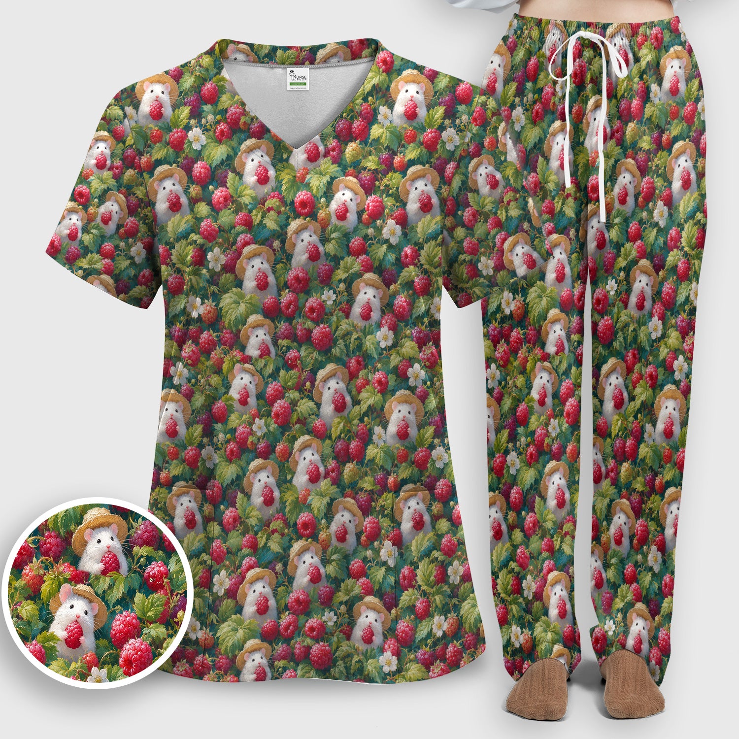 Cute Raspberry Mouse Garden Pattern Scrub Set, Scrub Pants and V Neck Top