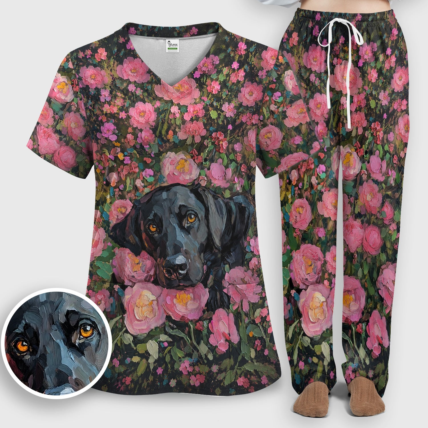 Painterly Floral Black Dog Pattern, Pet Lover Medical Scrub Set, Scrub Pants and V Neck Top