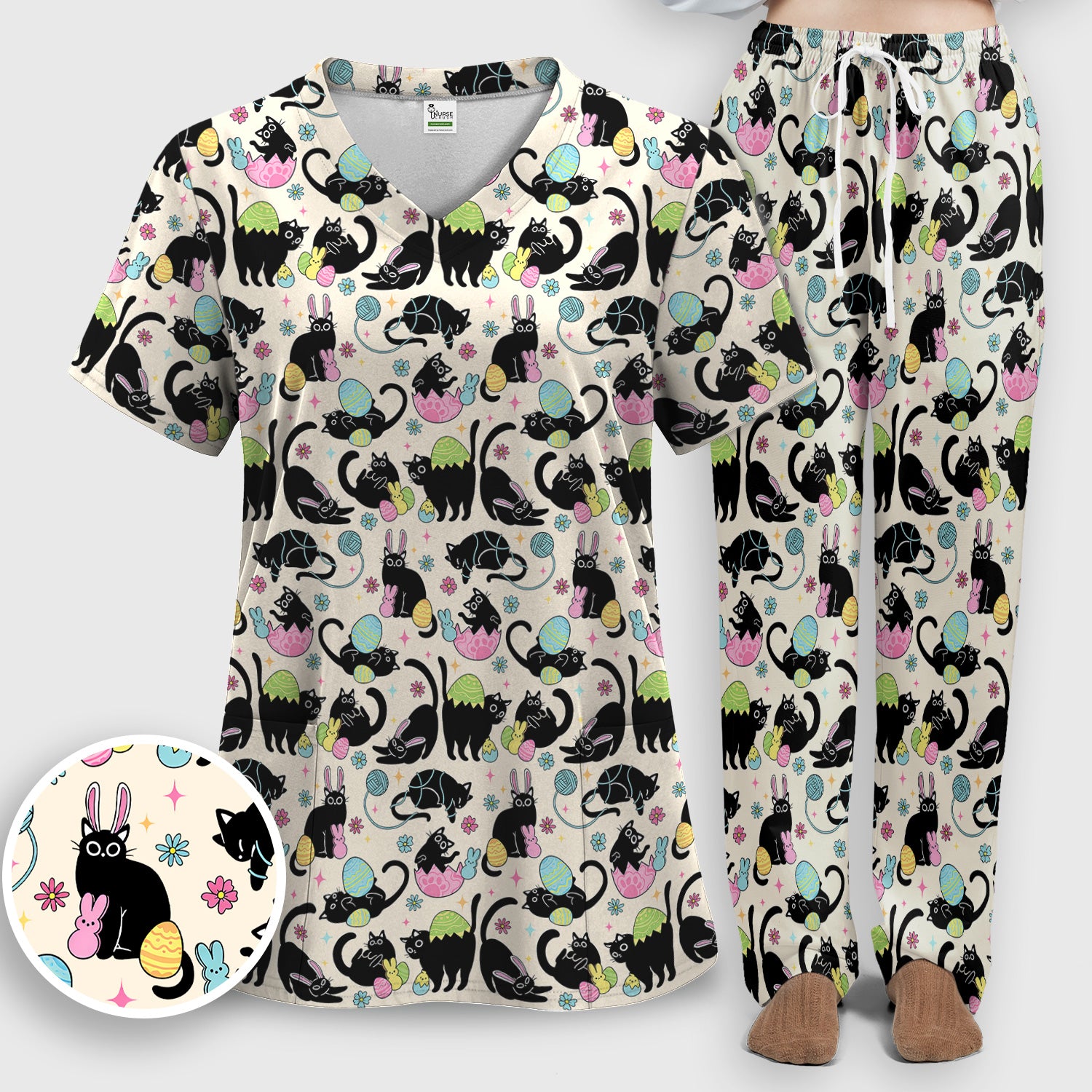 Funny Easter Black Cat Egg Pattern Scrub Set, Scrub Pants and V Neck Top