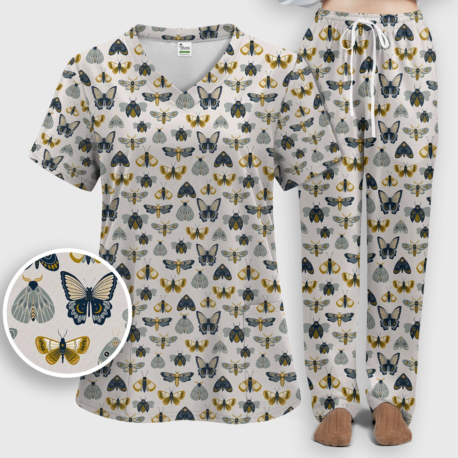 Vintage Butterfly Moth Insect Pattern Scrub Set, Scrub Pants and V Neck Top