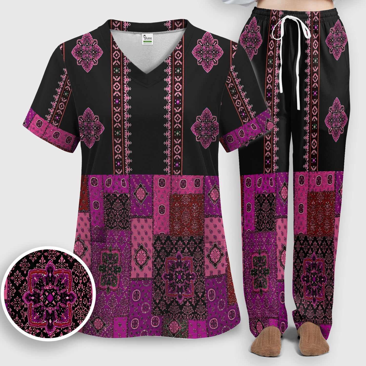 Boho Pink Bandana Patchwork Pattern Scrub Set, Scrub Pants and V Neck Top